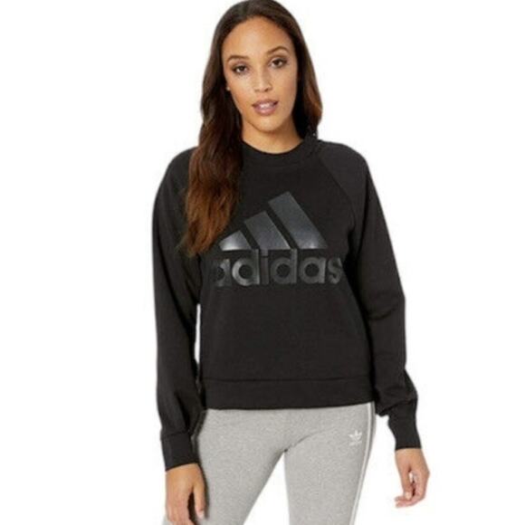 Adidas Sweatshirt Women's Sz L Black  Gray Gunmetal Letters Crewneck Zip Back - Picture 7 of 14